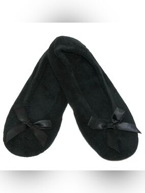 isotoner Black Plush Ballet Slippers with Satin Bows Size 8/9